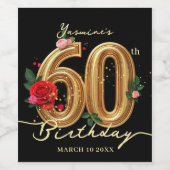 Stylish 60th Birthday Black Gold Red Pink Roses Wijn Etiket (Enkel label)