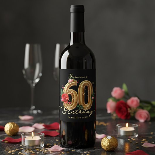 Stylish 60th Birthday Black Gold Red Pink Roses Wijn Etiket