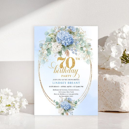 Stylish 70th Birthday Light Blue Hydrangea Invite Kaart