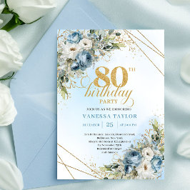 Stylish 80th Birthday Invitation Dusty Blue Gold Kaart