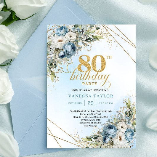 Stylish 80th Birthday Invitation Dusty Blue Gold  Kaart