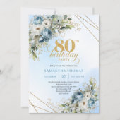 Stylish 80th Birthday Invitation Dusty Blue Gold  Kaart (Voorkant)