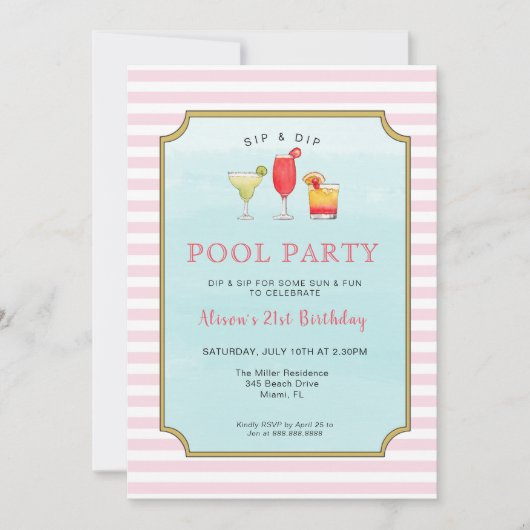 Stylish Adult Cocktail Summer Birthday Pool Party Kaart (Voorkant)