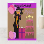 Stylish African American Daughter & Cake Birthday Kaart<br><div class="desc">Deze kaart is voorzien van een stijlvol Afrikaans-Amerikaans meisje met zwarte jurk,  pet en bril. Haal deze schattige kaart voor je dochter.</div>