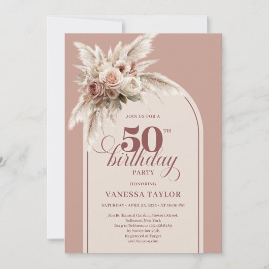 Stylish Arch Pastel Pink Pampas Floral 50 Birthday Kaart (Voorkant)