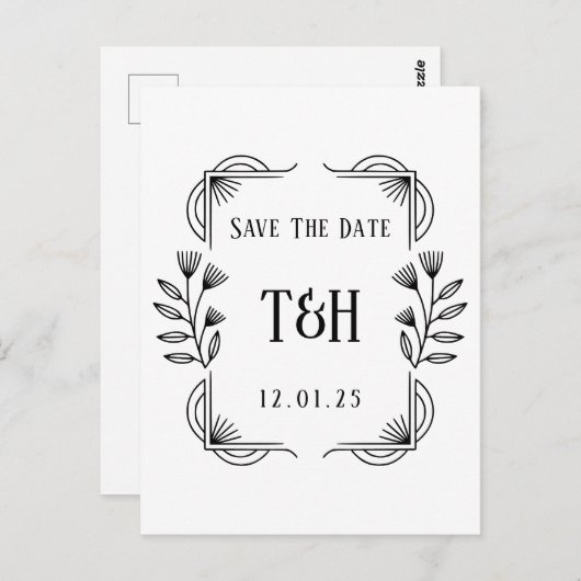 Stylish Art Deco Botanical Save The Date Postcard Briefkaart (Voorkant / Achterkant)