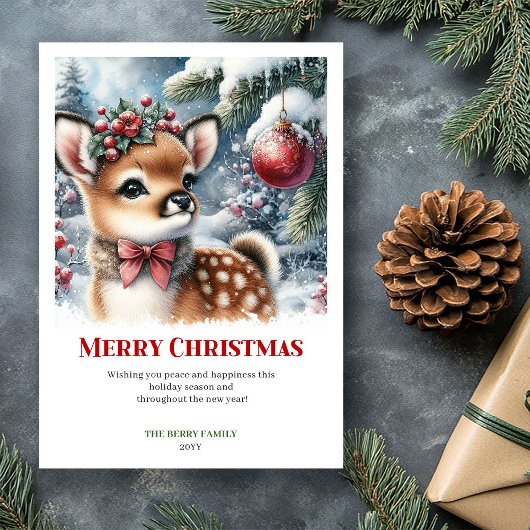 Stylish Baby Deer Snowy Forest Watercolor Christma Feestdagenkaart