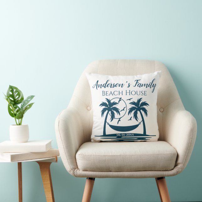 Stylish Beach House Palm Tree Hammock Familienaam Kussen (Stoel)