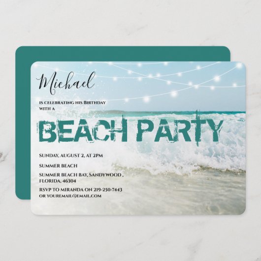 Stylish Beach Party Birthday Invitation Kaart (Voorkant / Achterkant)