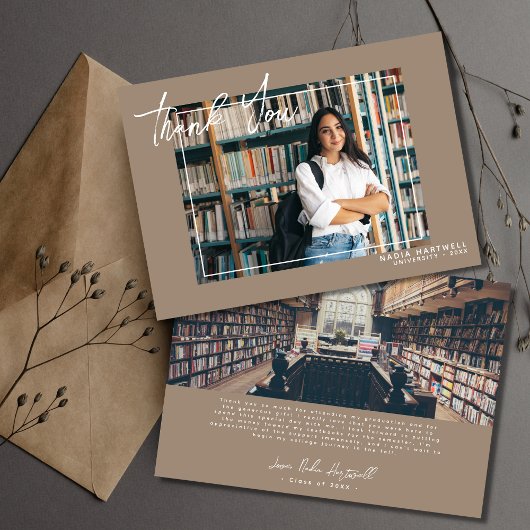 Stylish Beige | 2 Foto Afstuderen - Hartelijk dank Bedankkaart