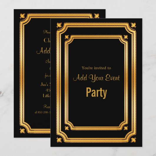 Stylish Black and Golden Lijst Invitation Kaart (Voorkant / Achterkant)