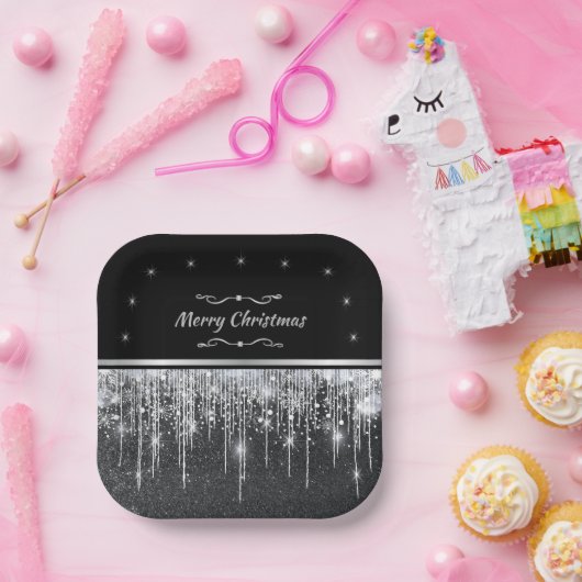 Stylish Black and Silver Merry Christmas Party Papieren Bordje (Feest)
