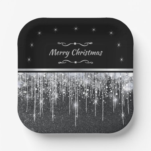 Stylish Black and Silver Merry Christmas Party Papieren Bordje (Voorkant)