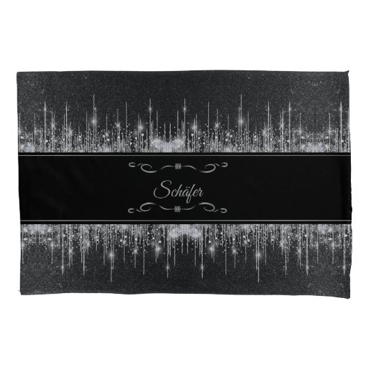 Stylish Black and Silver Sparkly Icicle Surname Kussensloop (Voorkant-Links)