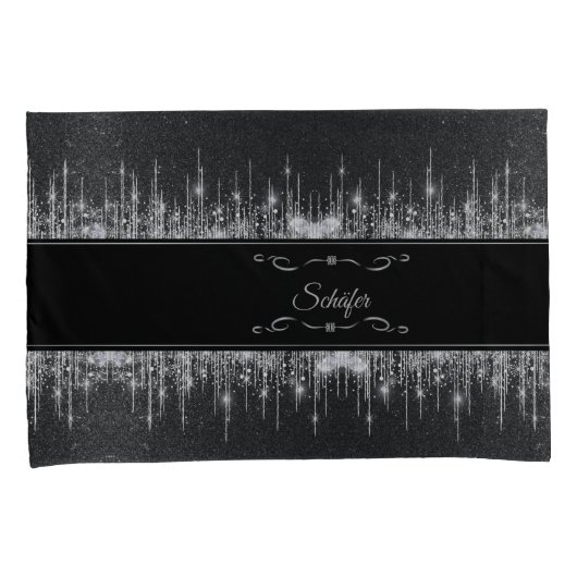 Stylish Black and Silver Sparkly Icicle Surname Kussensloop (Voorkant-Rechts)
