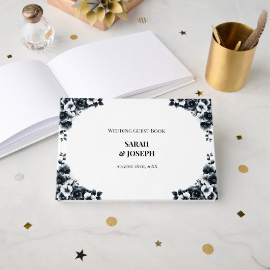 Stylish Black and White Floral Wedding Gastenboek (Voorkant open)