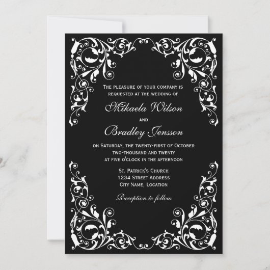 Stylish Black and White Swirls Wedding Invitation Kaart (Voorkant)