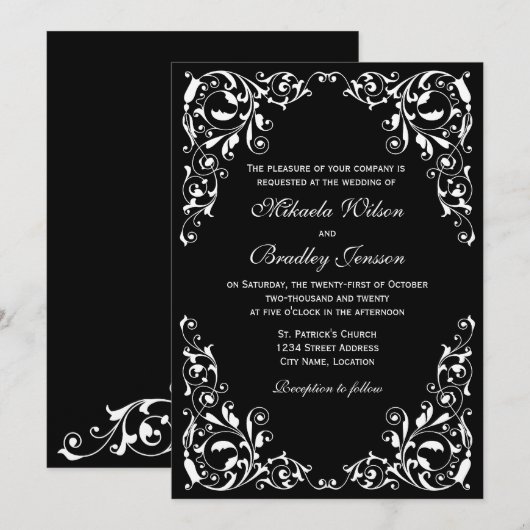 Stylish Black and White Swirls Wedding Invitation Kaart (Voorkant / Achterkant)