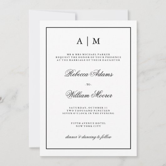 Stylish Black and White Wedding Invitation Kaart (Voorkant)