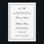Stylish Black and White Wedding Invitation Kaart<br><div class="desc">Deze elegante huwelijksuitnodiging heeft een witte achtergrond met een zwart lijst en tekst. U kunt de top personaliseren met uw initialen.</div>