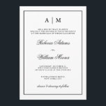 Stylish Black and White Wedding Invitation Kaart<br><div class="desc">Deze elegante huwelijksuitnodiging heeft een witte achtergrond met een zwart lijst en tekst. U kunt de top personaliseren met uw initialen.</div>