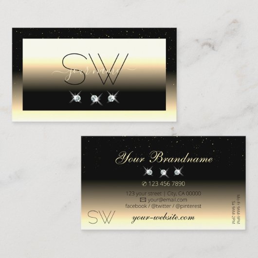 Stylish Black Cream Gold Sparkle Diamonds Monogram Visitekaartje (Voorkant / Achterkant)