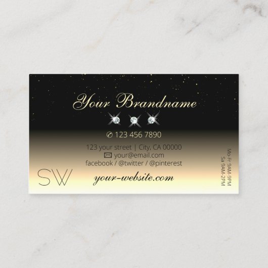 Stylish Black Cream Gold Sparkle Diamonds Monogram Visitekaartje (Achterkant)