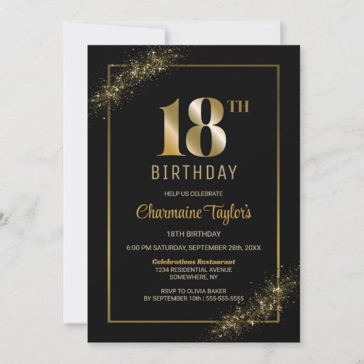 Stylish Black Gold 18th Birthday Party Kaart (Voorkant)