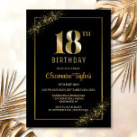 Stylish Black Gold 18th Birthday Party Kaart<br><div class="desc">Deze stijlvolle uitnodiging voor het 18e verjaardagsfeestje in zwart en goud heeft een aanpasbaar tekstgebied waarmee u moeiteloos alle benodigde details voor uw speciale verjaardagsviering kunt opnemen, waaronder de datum, tijd, locatie en RSVP-informatie. Er zijn verschillende papiersoorten en hoekstijlen beschikbaar voor uw unieke uitnodigingen, samen met de optie om te...</div>