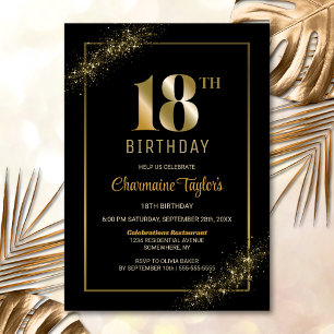 Stylish Black Gold 18th Birthday Party Kaart
