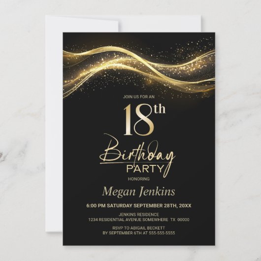 Stylish Black Gold 18th Birthday Party Kaart (Voorkant)