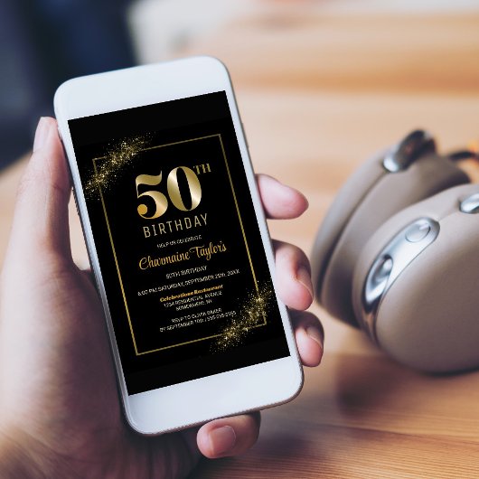 Stylish Black Gold 50th Birthday Party Kaart