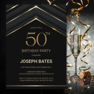 Stylish Black Gold 50th Birthday Party Kaart