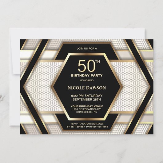 Stylish Black Gold 50th Birthday Party Kaart (Voorkant)