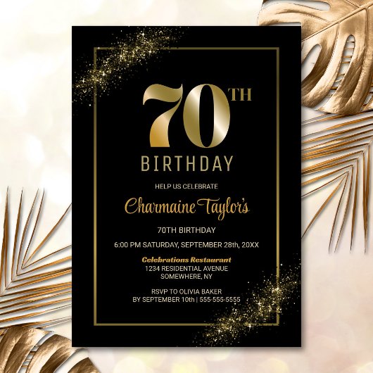 Stylish Black Gold 70th Birthday Party Kaart