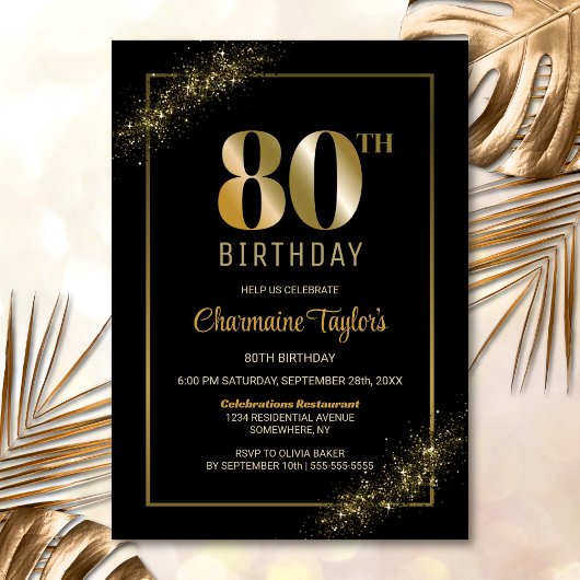 Stylish Black Gold 80th Birthday Party Kaart