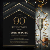 Stylish Black Gold 90th Birthday Party Kaart