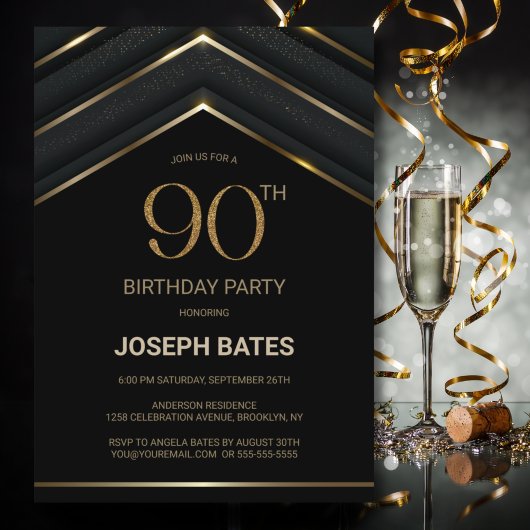 Stylish Black Gold 90th Birthday Party Kaart