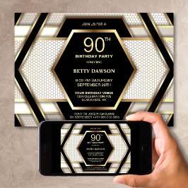 Stylish Black Gold 90th Birthday Party Kaart