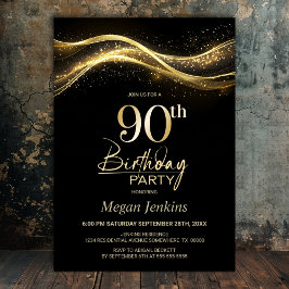 Stylish Black Gold 90th Birthday Party Kaart