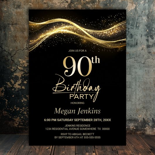 Stylish Black Gold 90th Birthday Party Kaart