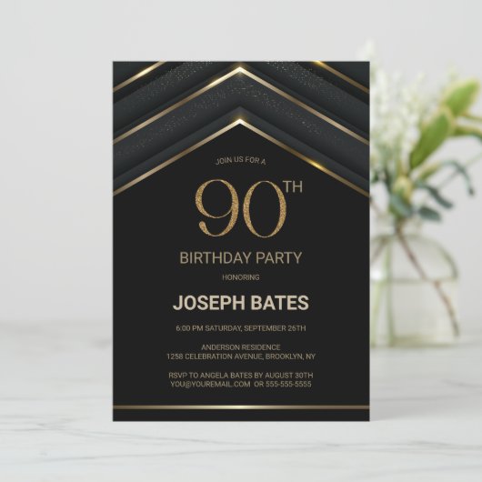 Stylish Black Gold 90th Birthday Party Kaart (Staand voorkant)