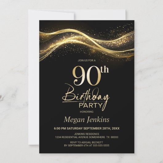 Stylish Black Gold 90th Birthday Party Kaart (Voorkant)