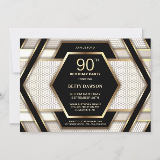 Stylish Black Gold 90th Birthday Party Kaart (Voorkant)