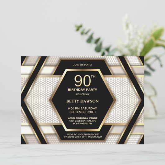 Stylish Black Gold 90th Birthday Party Kaart (Staand voorkant)