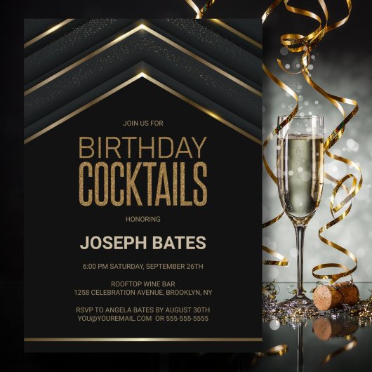 Stylish Black Gold Birthday Cocktails Kaart