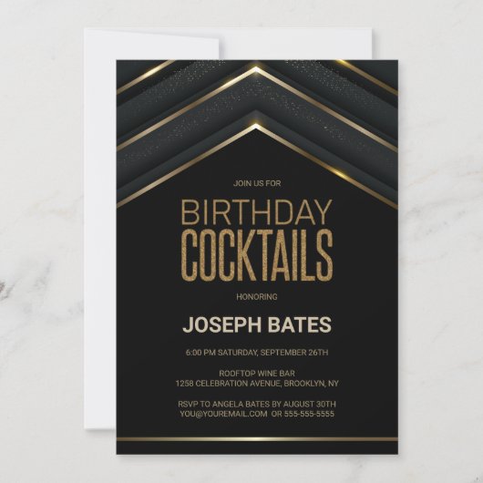 Stylish Black Gold Birthday Cocktails Kaart (Voorkant)