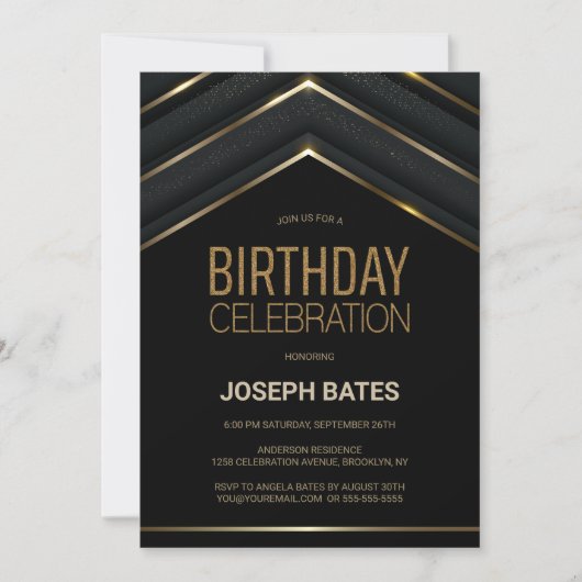 Stylish Black Gold Birthday Party Invitation Kaart (Voorkant)