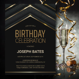 Stylish Black Gold Birthday Party Invitation Kaart