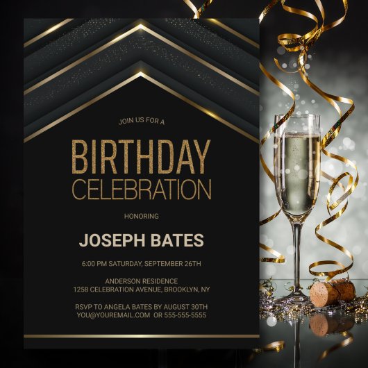 Stylish Black Gold Birthday Party Invitation Kaart
